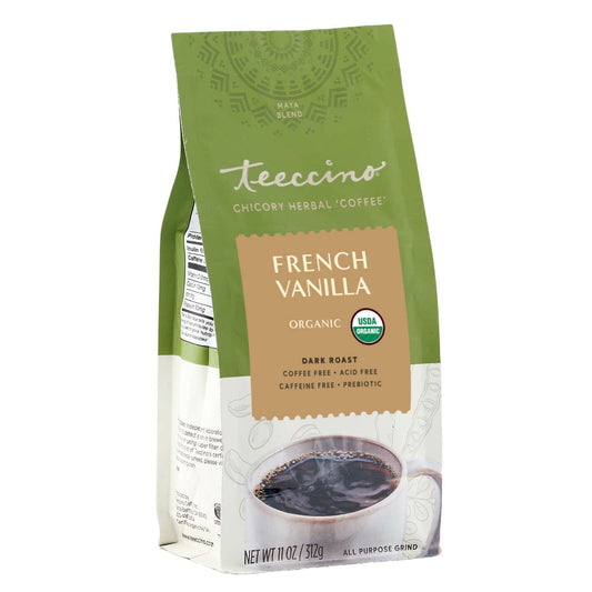 Teeccino Chicory Coffee Alternative – French Vanilla – Ground Herbal Coffee That’s Prebiotic, Caffeine-Free & Acid Free, Dark Roast, 11 Ounce