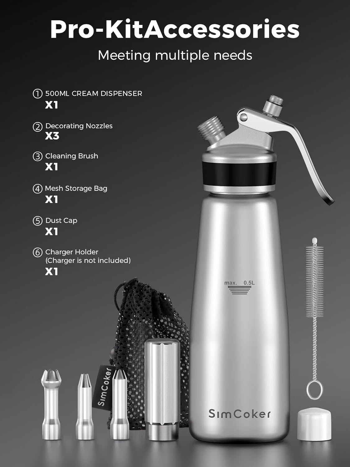 Whipped Cream Dispenser, Aluminum Cream Whipper 500mL/1 Pint,3 Stainless Decorating Nozzles,1 Brush,1Storage Bag,Homemade Cream Maker,N2O Chargers Not Included,Silver
