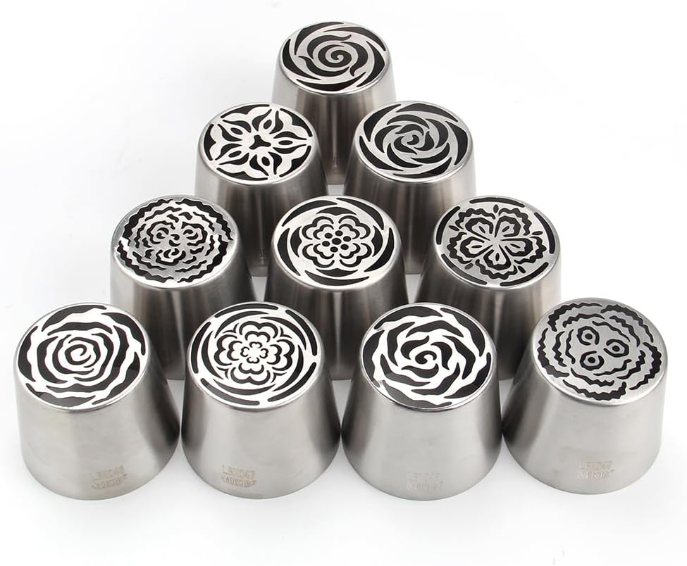 10 Pieces Extra Large Stainless Steel Seamless Russian Flower Piping Tips Kit for Marshmallow Bouquet,Cake Decorating Floral Icing Nozzles Set, 10 Icing Nozzles with 1 Clean Brush,1 Pastry Bag(XXL,A)