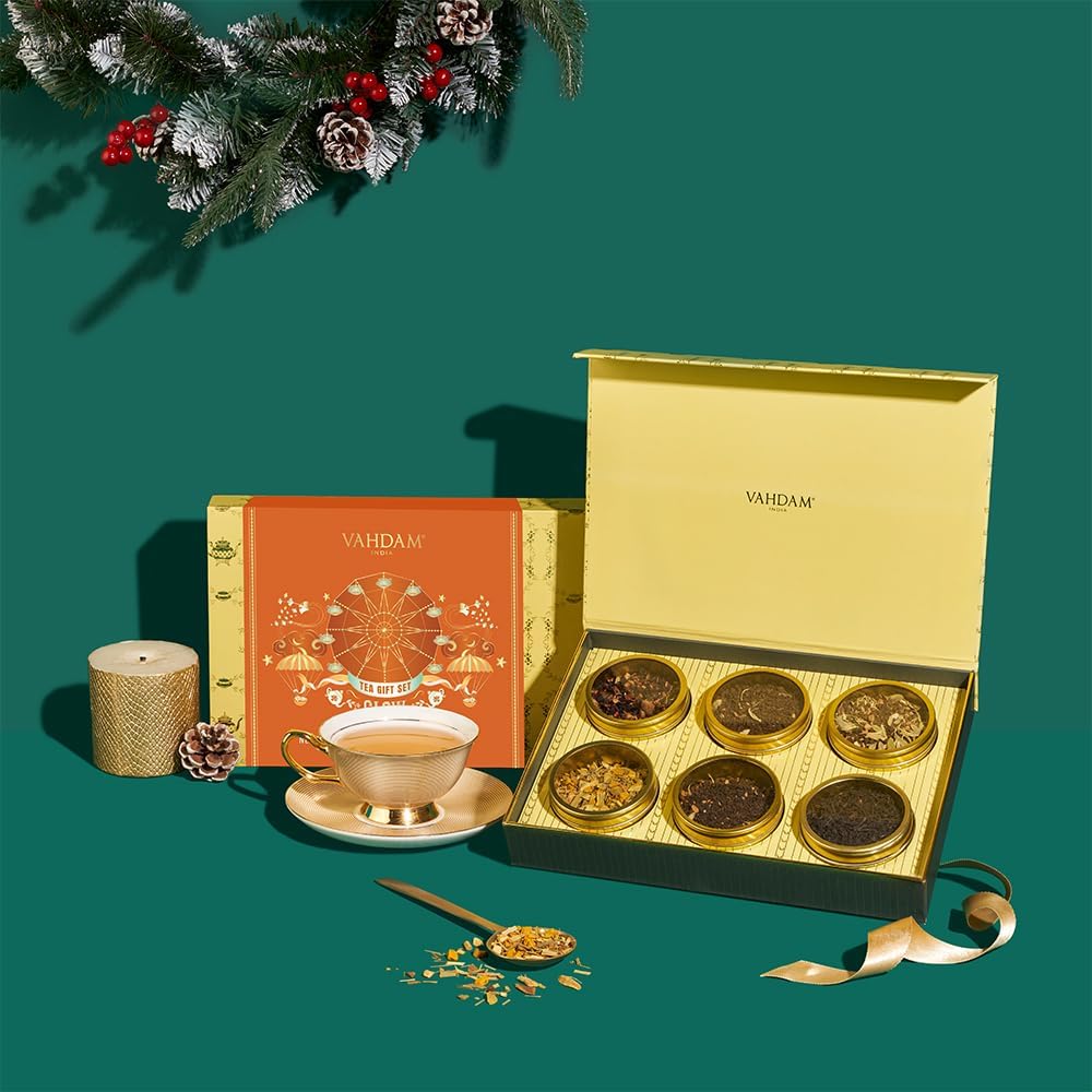 VAHDAM, GLOW - Assorted Christmas Tea Gift Sets (6 Loose Leaf Tea) Tin Caddy Presentation Box | Gluten Free, Non GMO | Holiday Gifts for Everyone