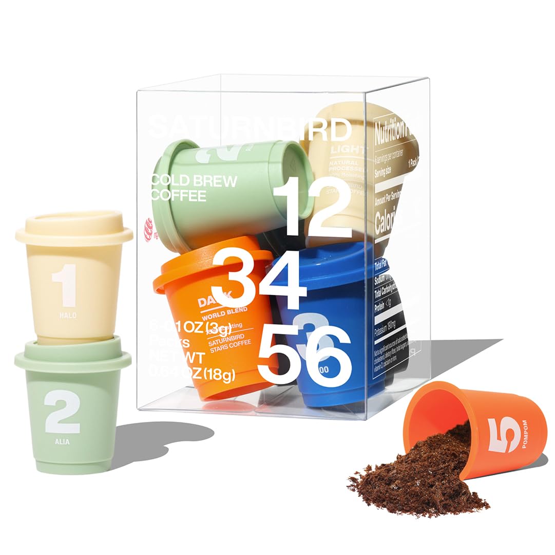 SATURNBIRD Coffee Instant Cold Brew, 6-Flavor Variety Sampler Pack, Light/Medium/Dark Roast, 100% Arabica Freeze-Dried Espresso Powder, 6 Single-Serve Pods for Gifts, Travel & Camping
