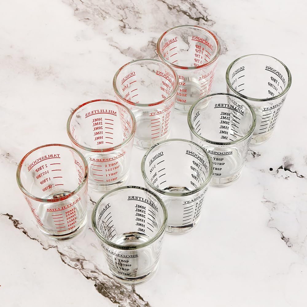 Set of 4 Shot Glasses - Heavy Glass, Perfect for Measuring Espresso, Wine, and More 26-Incremental Measurement 1oz, 6 Tsp, 2 Tbs, 30ml (4, Red+Black)