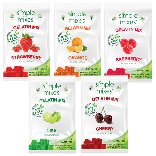 Simple Mixes Natural Gelatin Dessert, Variety Pack, Strawberry, Orange, Cherry, Raspberry & Lime, Healthy Snack, Dye-Free, No Gluten or Fat, Kosher, 5 Pack