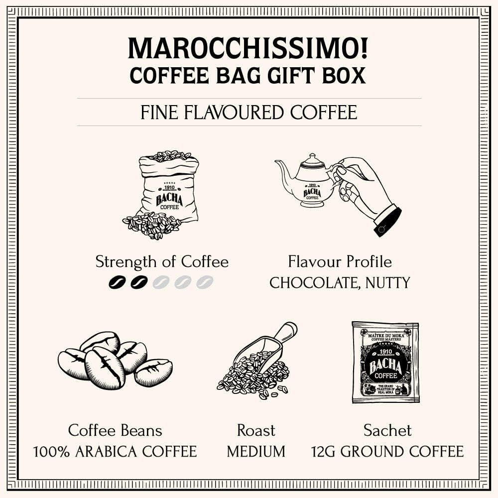 Bacha Coffee | Marocchissimo! Fine Flavoured, Medium Roast, 100% Arabica Specialty Coffee, 12 Coffee Drip Bags, Gift Box