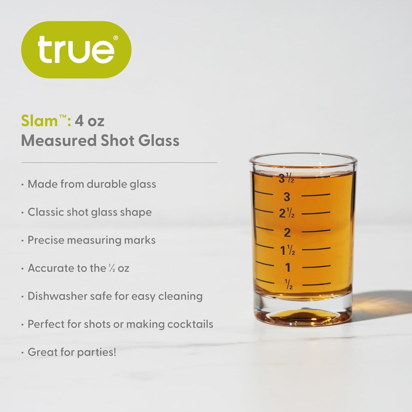 True Slam Tall glass shot Glasses, Prinked Half oz. Measurements for Cocktails, Bar Accessory Cups, Party Shot Cups, 4oz