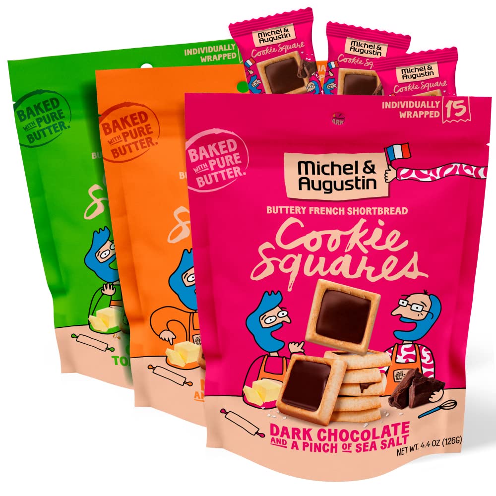 Michel et Augustin Cookies, Individually Wrapped Snacks, 3 Bag Variety Pack, Gourmet Chocolate Shortbread, 15 French Butter Cookies per bag