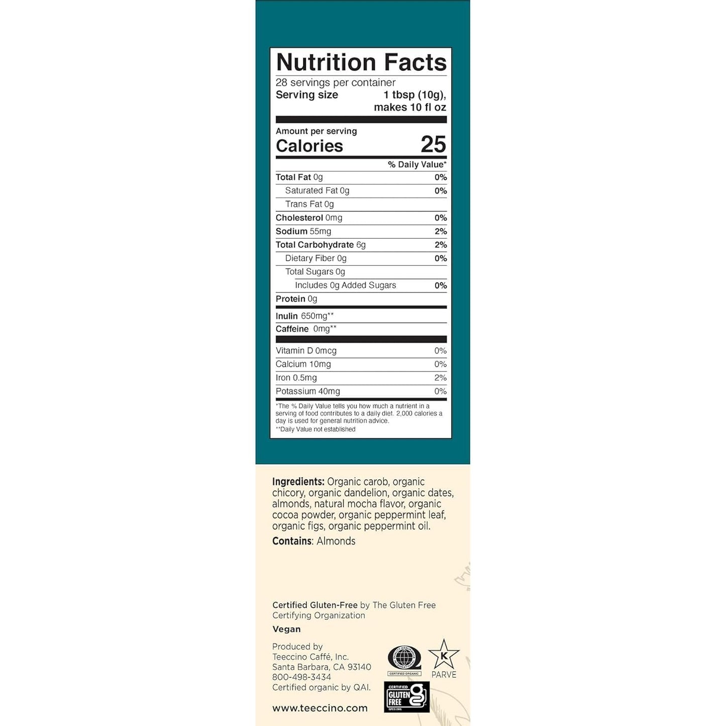 Teeccino Dandelion Mocha Mint Herbal Coffee - Caffeine-Free Coffee Alternative with Prebiotics, Gluten Free, Acid Free - Medium Roast, 10 oz, Pack of 3