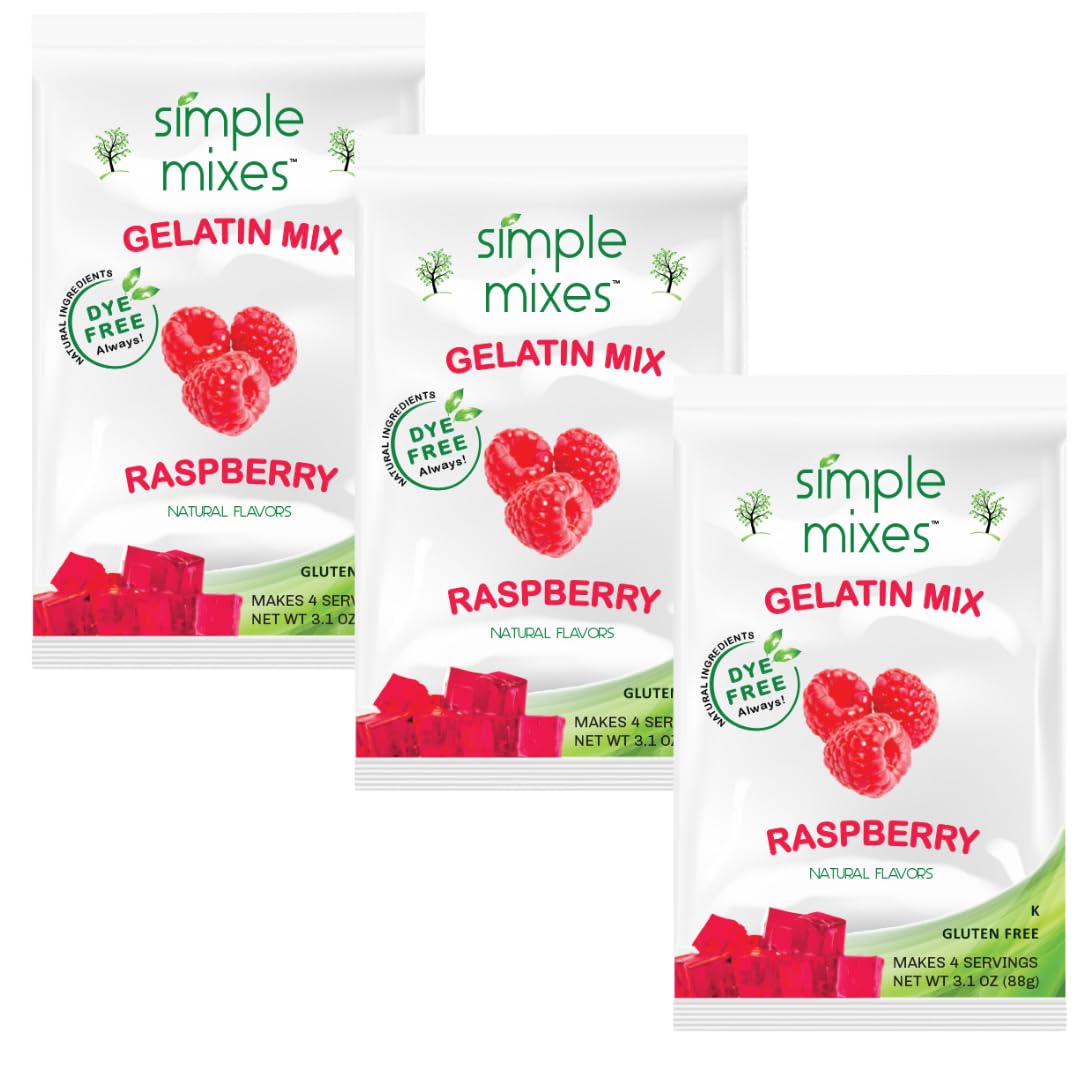 Simple Mixes Natural Gelatin Dessert, Raspberry, Healthy Snack, Dye-Free, No Gluten or Fat, Kosher, 3 Pack
