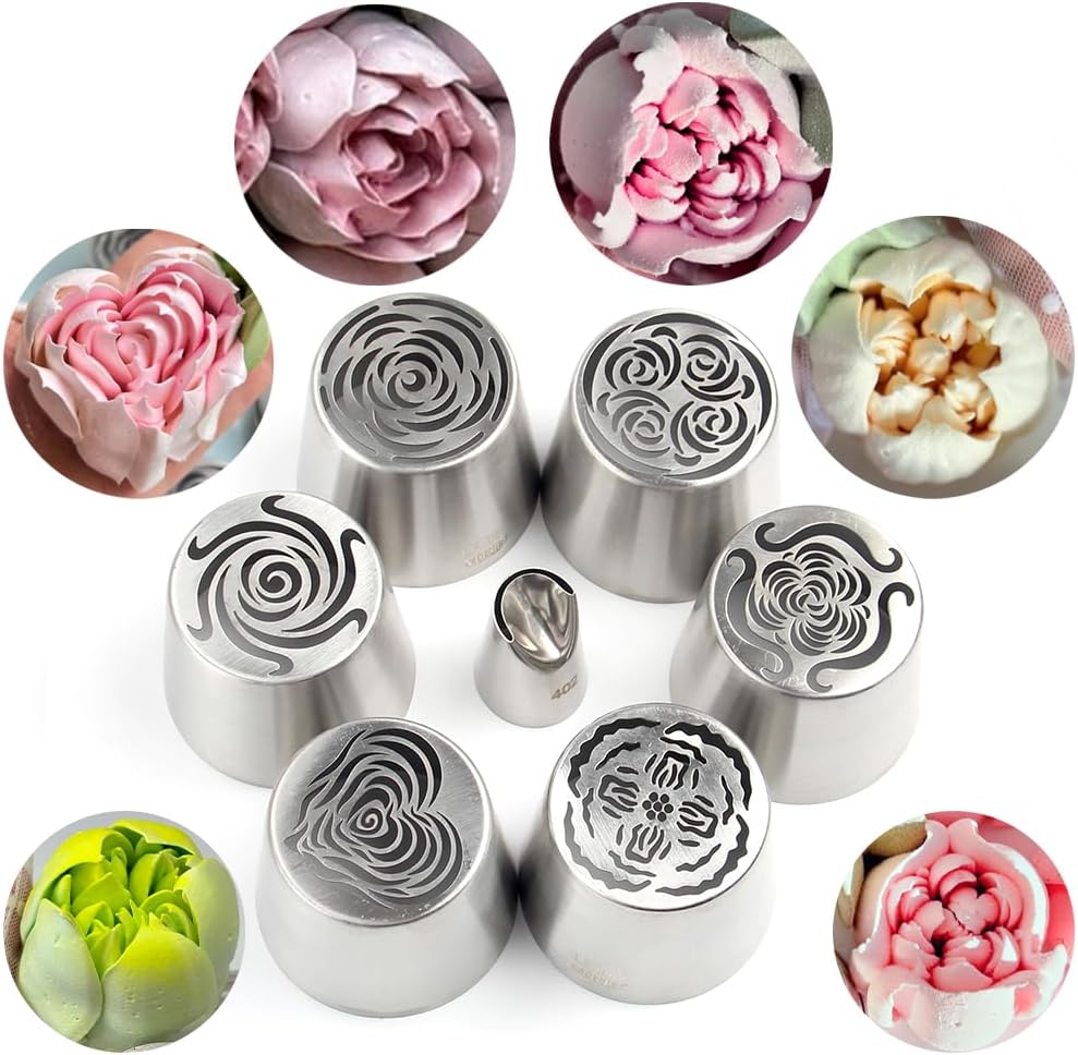 6 Pieces Stainless Steel Extra Large Russian Tulip Icing Tips Kit, Cupcake Dessert Marshmallow Piping Nozzles Set,1 Cleaning Brush,1 Medium Ruffle Icing Tip for Cake Decorations,Pastry Baking Tools