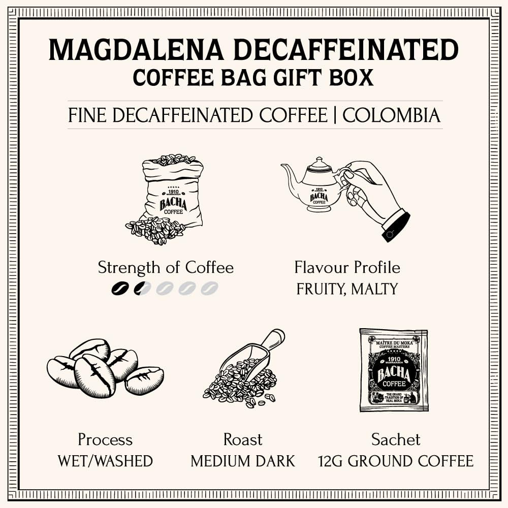 Bacha Coffee | Magdalena Decaf Colombia Single Origin, Medium Dark Roast, 100% Arabica Specialty Coffee, 12 Coffee Drip Bags, Gift Box