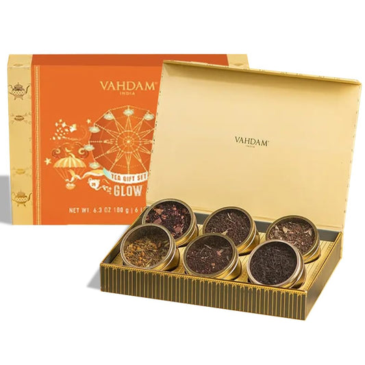 VAHDAM, GLOW - Assorted Christmas Tea Gift Sets (6 Loose Leaf Tea) Tin Caddy Presentation Box | Gluten Free, Non GMO | Holiday Gifts for Everyone