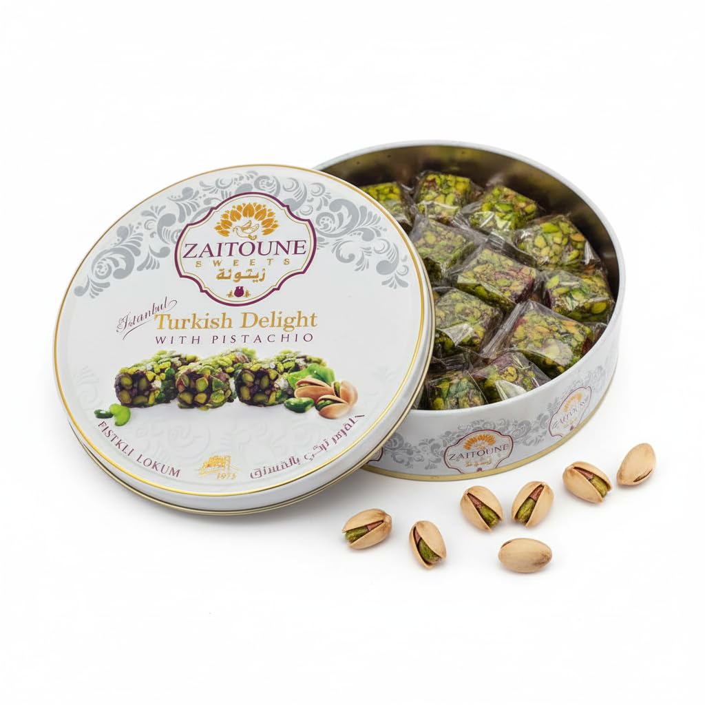Zaitoune Pistachio Covered Turkish Delight – 0.55 lb | Stuffed with Delicious Nuts, Coated with Chopped Pistachios | Authentic Luxury Lokum Turkish Delight Candy in a Beautiful Gift Tin | Handmade & Individually Wrapped | Perfect Turkish Snacks