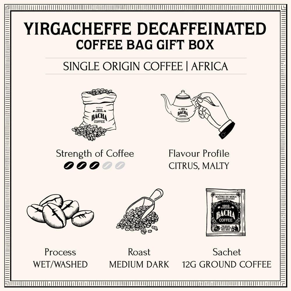 Bacha Coffee | Yirgacheffe Decaf Ethiopia Single Origin, Medium Dark Roast, 100% Arabica Specialty Coffee, 12 Coffee Drip Bags, Gift Box