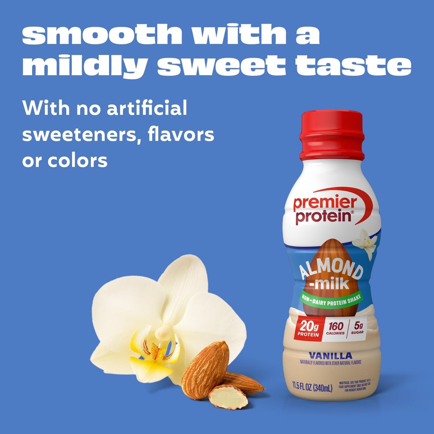 Premier Protein Almondmilk Plant Based Protein Shake, 20g Protein, 5g Sugar, 11.5 Fl oz, Vanilla, 12 Count