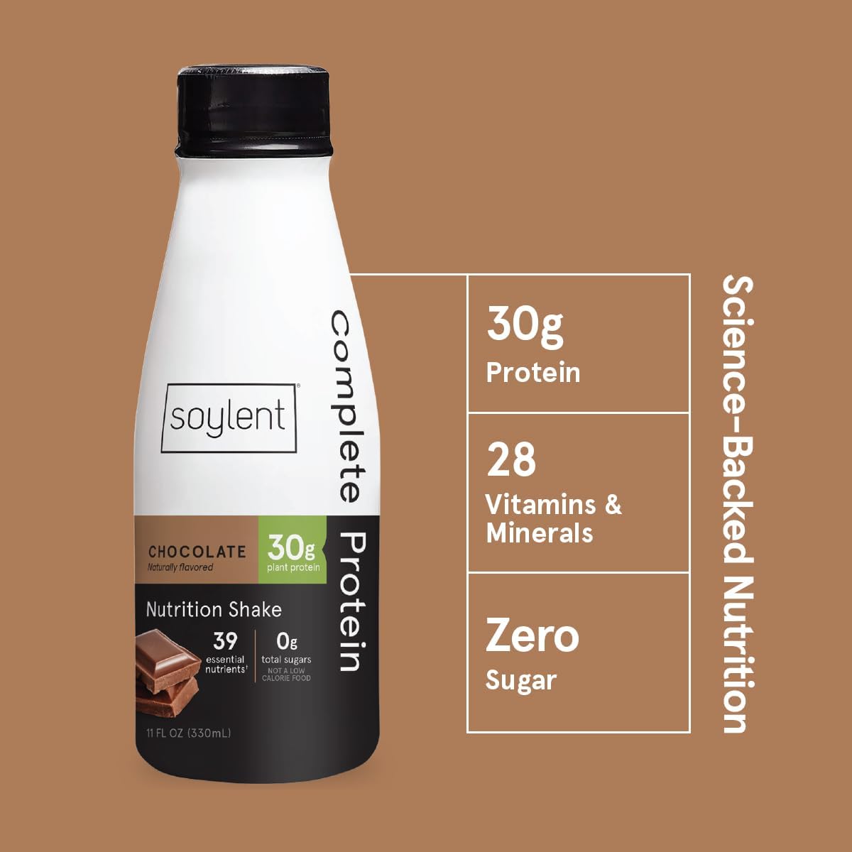 Soylent Chocolate High Protein Shake, 30g Complete Protein, Vegan, Dairy Free and 0g Sugar, Ready to Drink Protein Drinks, 11 Oz, 24 Pack