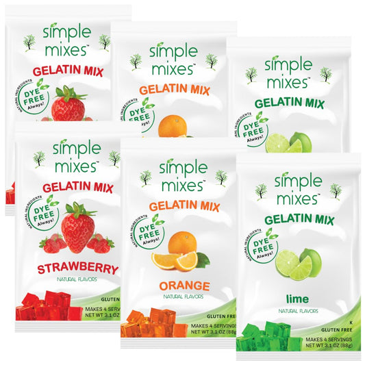 Simple Mixes Natural Gelatin Variety Pack, 2 Each: Strawberry, Orange & Lime, Healthy, Dye-Free, No Gluten or Fat, Kosher, 6 Pack