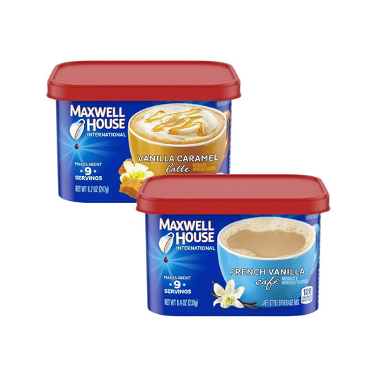 Maxwell House International Vanilla Caramel Latte Mix 8.7 Oz + Instant French Vanilla Cafe 8.4 Oz (Variety Pack)