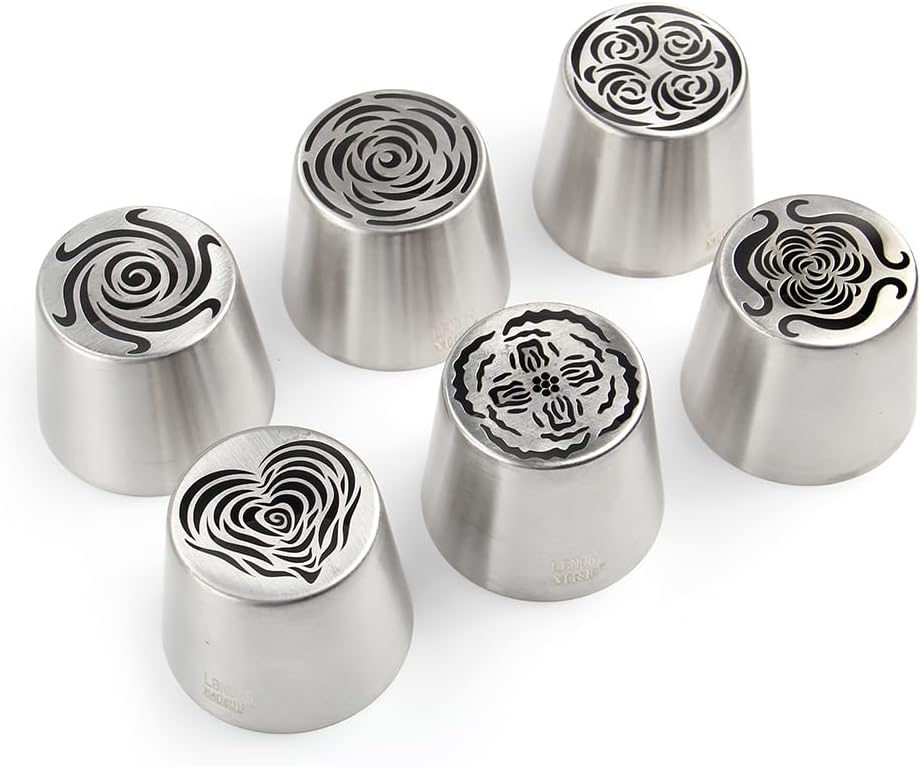6 Pieces Stainless Steel Extra Large Russian Tulip Icing Tips Kit, Cupcake Dessert Marshmallow Piping Nozzles Set,1 Cleaning Brush,1 Medium Ruffle Icing Tip for Cake Decorations,Pastry Baking Tools