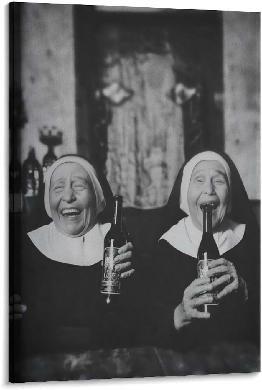 Nuns Drinking Wine Funny Living Room Print Humor Wall Art Decor Canvas Printing Poster, for Hallway Entry Or Living Room Vintage Funny Girls Portrait Gift for Friend 12x18inch(30x45cm)