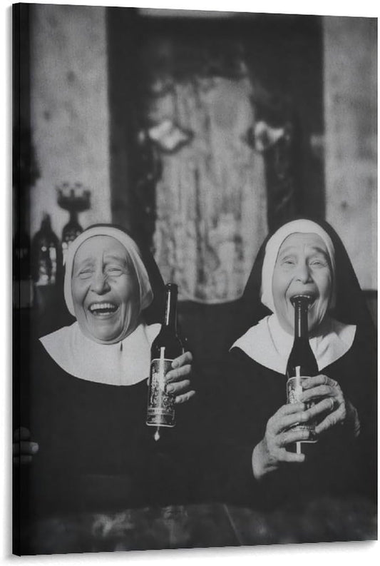Nuns Drinking Wine Funny Living Room Print Humor Wall Art Decor Canvas Printing Poster, for Hallway Entry Or Living Room Vintage Funny Girls Portrait Gift for Friend 12x18inch(30x45cm)