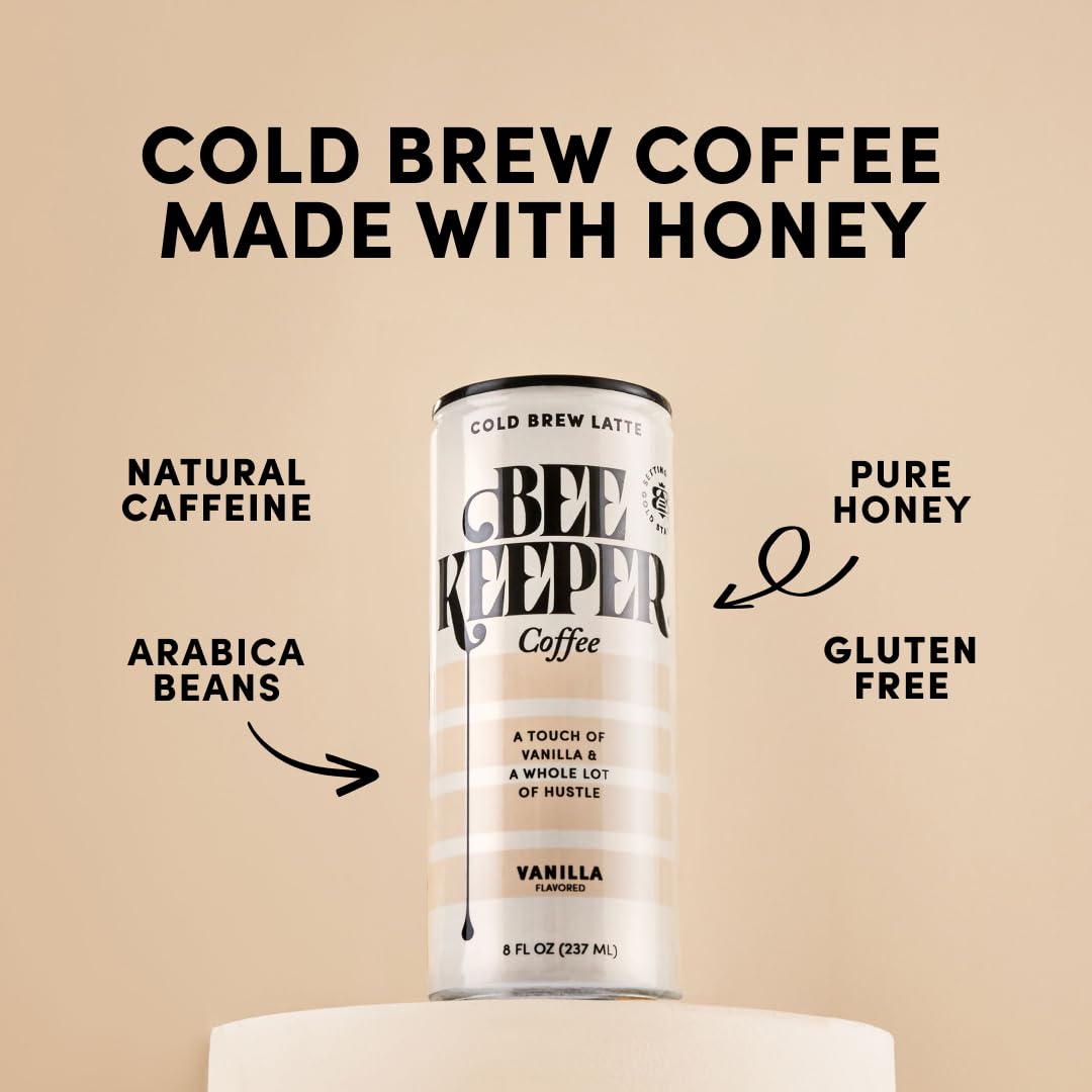 Beekeeper Coffee Cold Brew Vanilla Latte with Oregon Honey, 8 fl oz cans (Pack of 12), Ready-to-Drink, 125mg Natural Caffeine