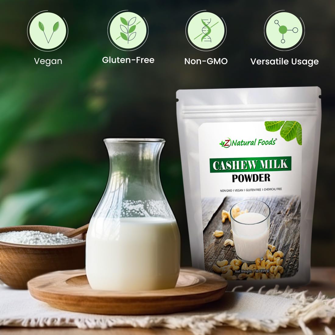 Z Natural Foods Cashew Milk Powder, Cashew Milk for Healthy Heart, Bones, and Skin, Ideal for Tea, Smoothies, and Recipes, High in Fiber, Non-GMO, Vegan, Gluten-Free, Kosher, 1 lb. (Pack of 2)