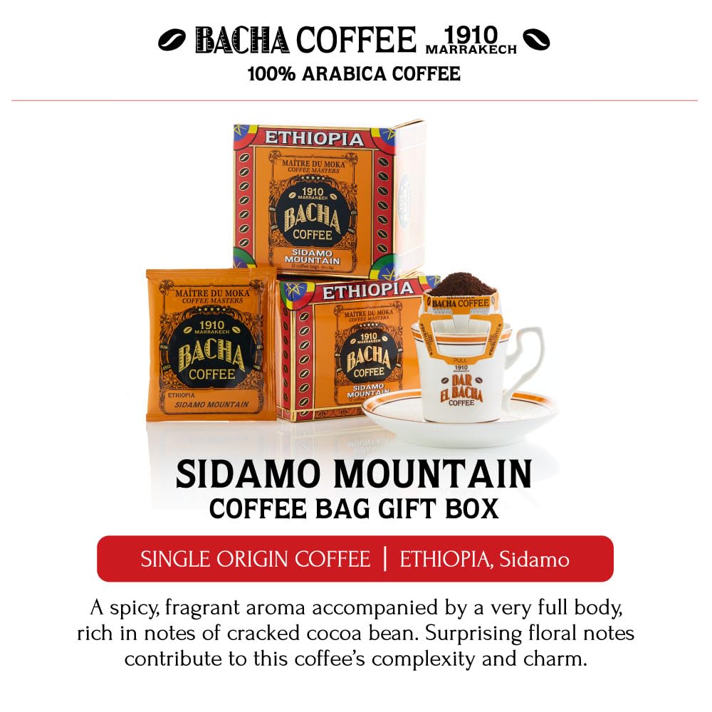 Bacha Coffee | Sidamo Mountain Ethiopia Single Origin, Medium Dark Roast, 100% Arabica Specialty Coffee, 12 Coffee Drip Bags, Gift Box