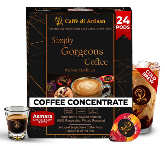 Caffè di Artisan Liquid Coffee Pods – Premium Single-Serve Coffee for Cold Brew concentrate, Iced Coffee & Hot Coffees – Machine-Free, Eco-Friendly, Ready in Seconds. Rich; Asmara; Arabica; Medium Roast – 24 Count.