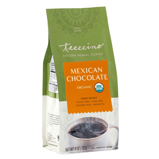 Teeccino Mexican Chocolate Chicory Coffee Alternative - Ground Herbal Coffee That’s Prebiotic, Caffeine-Free & Acid Free with a Hint of Spice, Dark Roast, 11 Ounce