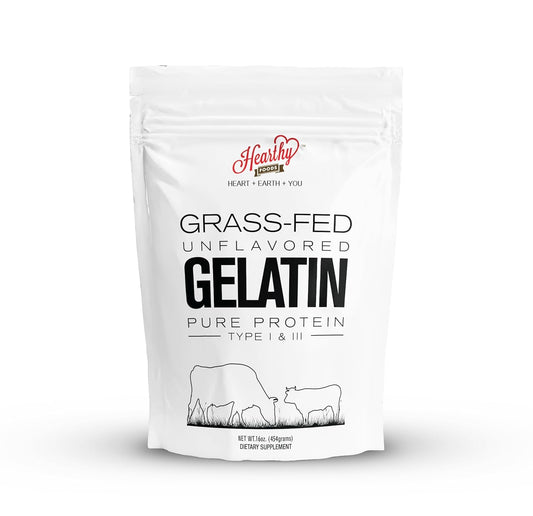 Hearthy Foods Beef Gelatin Powder Unflavored Gelatin Powder for Women and Men | Keto and Paleo Friendly Pure Protein Type 1 & 3, Grass-Fed Halal Certified, Non-GMO, Kosher Gelatin | 16 oz. 454g