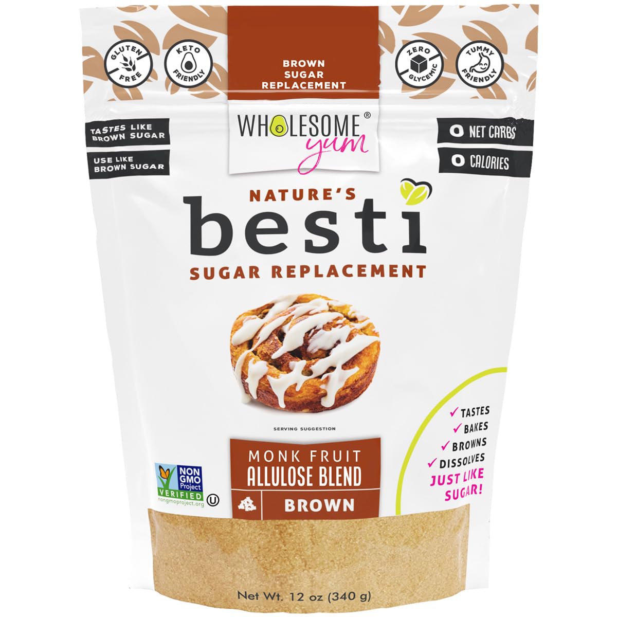 Wholesome Yum Besti Natural Brown Sugar Substitute - Keto Brown Monk Fruit Sweetener Blend With Allulose (No Erythritol) - Non GMO, Zero Carb, Zero Calorie, Sugar Free, No Aftertaste (12 oz)