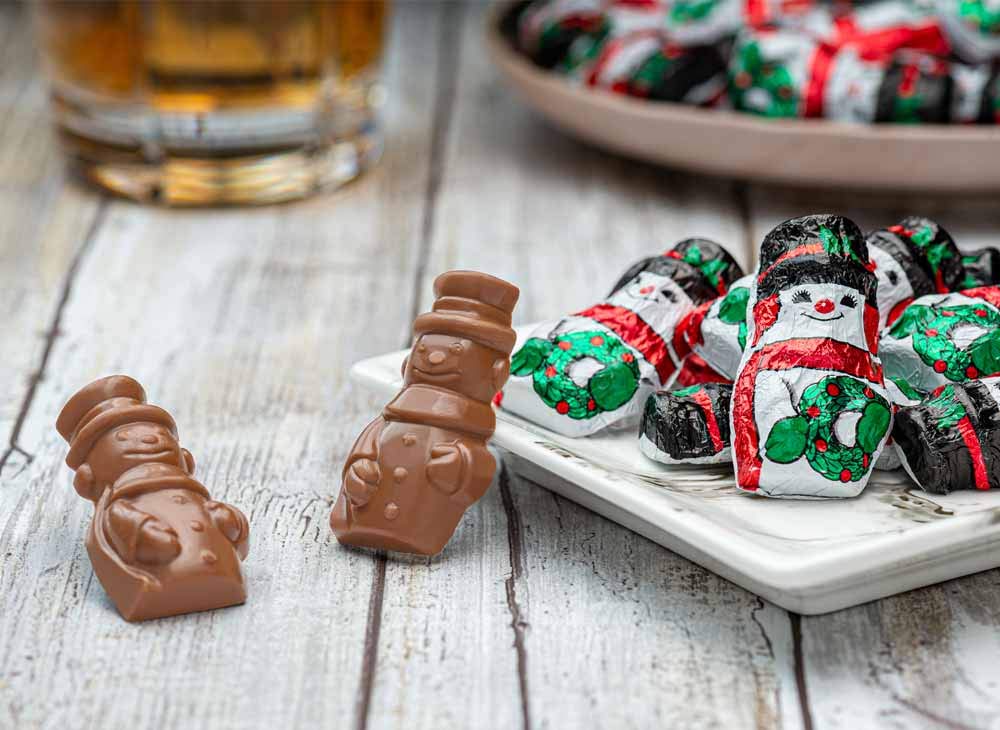 Madelaine Premium Solid Milk Chocolate Snowmen - Christmas Party Favor - Candy Stuffer & Holiday Treat - Wrapped In Italian Foil - Contains Half Pound