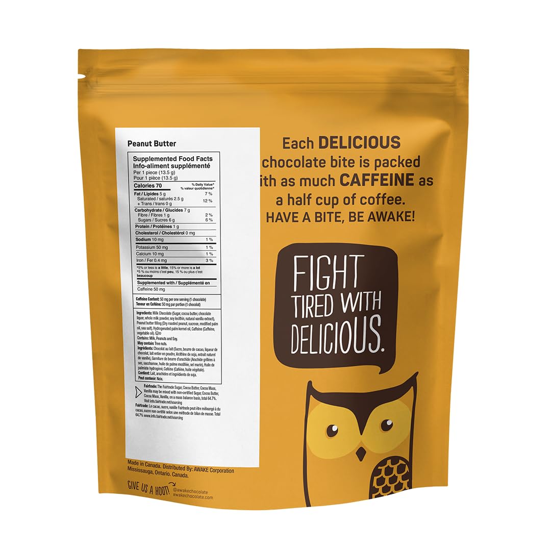 AWAKE - Caffeinated Chocolate Bites - Peanut Butter Milk Chocolate, 50 Bites - 50mg Caffeine - Wrapped Energy Bites - Coffee Alternative - Fairtrade, Gluten Free, Non GMO - 0.48oz