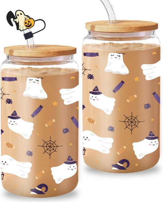 White Ghost Glass, 16 Oz, Fall Iced Coffee Mug with Straw and Lid, Perfect for Gothic Horror Themed Gifts and Thanksgiving Gifts (One)