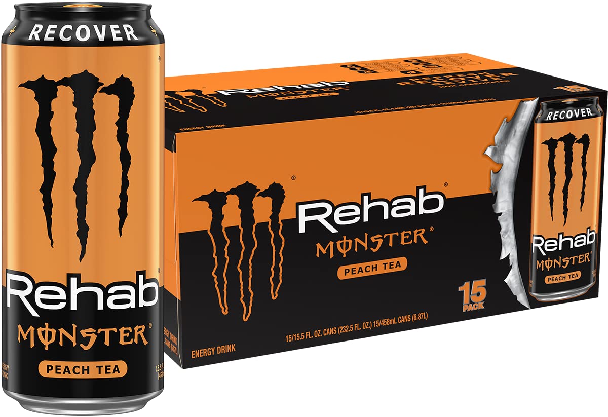 Monster Energy Rehab Peach Tea + Energy, Energy Iced Tea, Energy Drink, 15.5 Ounce (Pack of 15)