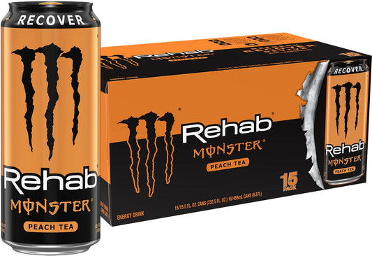 Monster Energy Rehab Peach Tea + Energy, Energy Iced Tea, Energy Drink, 15.5 Ounce (Pack of 15)