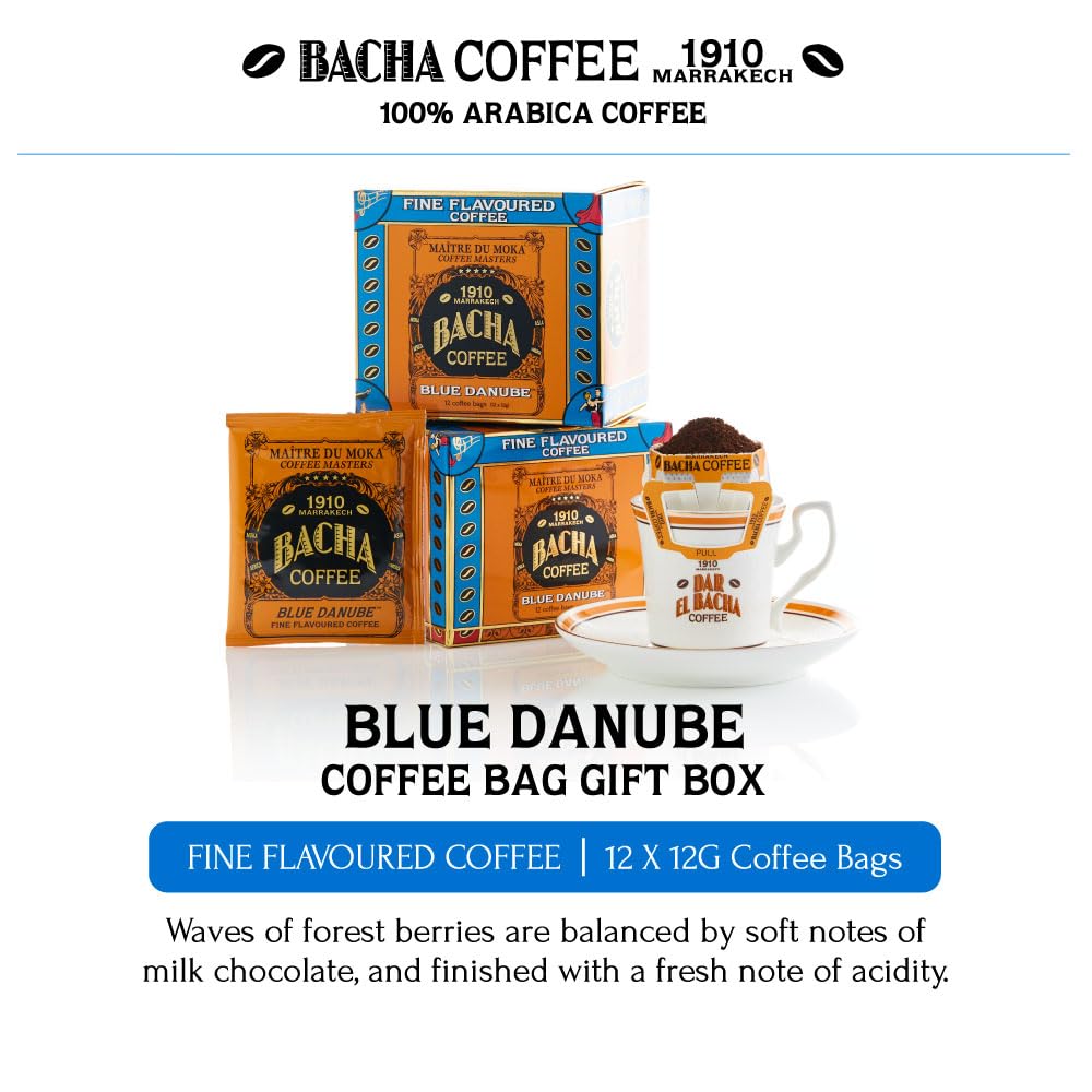 Bacha Coffee | Blue Danube Fine Flavoured, Medium Roast, 100% Arabica Specialty Coffee, 12 Coffee Drip Bags, Gift Box