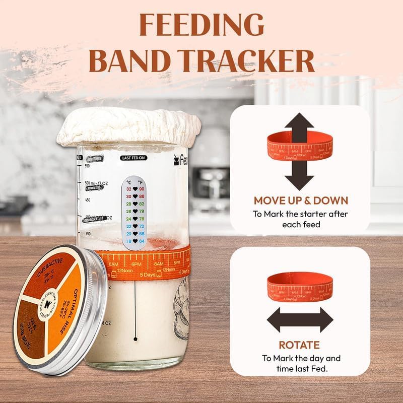 Sourdough Starter Kit with 24oz Glass Jar, Recipe Book, Tracking Band, Measuring Spoons, Bread Lame with 5 Blades, Scoring Stencils & Silicone Spatula – Complete Bread Baking Supplies for Home Bakers