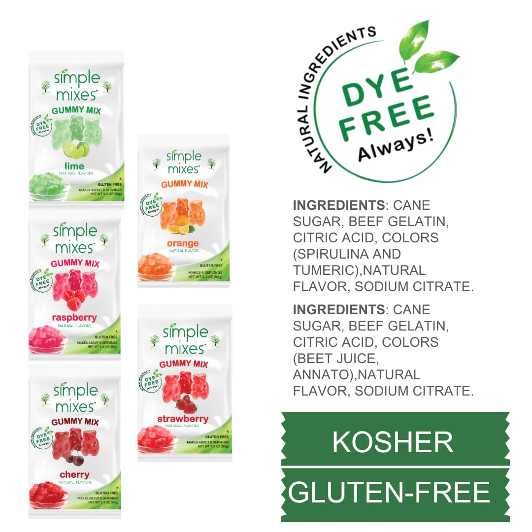 Simple Mixes Natural Gummy Mix, Strawberry, Lime, Cherry, Orange & Raspberry, Dye-Free, No Gluten or Fat, Kosher, (Variety, 5 Pack)