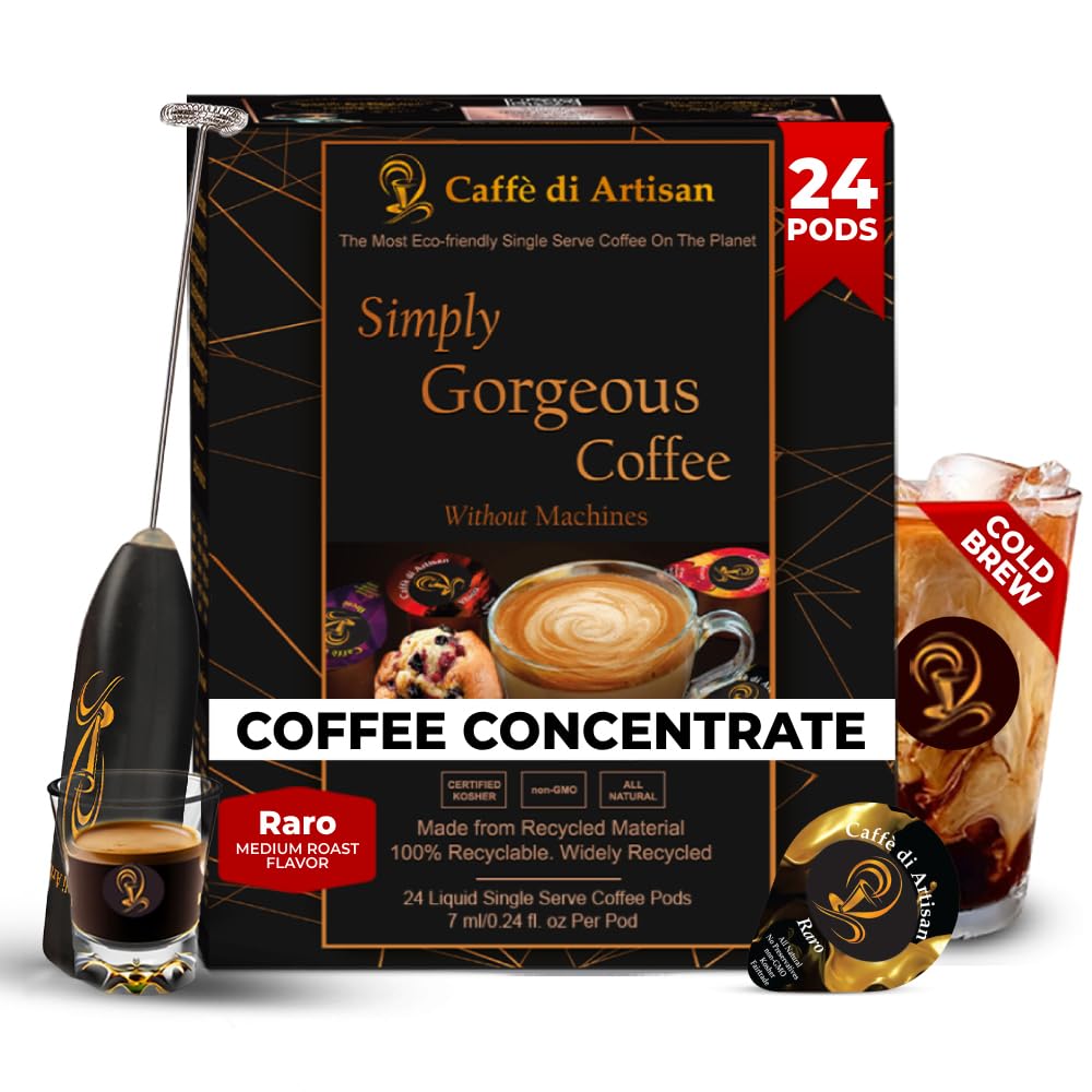Caffè di Artisan Liquid Coffee Pods – Premium Single-Serve for Cold Brew, Iced & Hot Coffee – Machine-Free, Eco-Friendly, Ready in Seconds. Rich Raro Arabica, Medium Roast with Frother – 24 Count.
