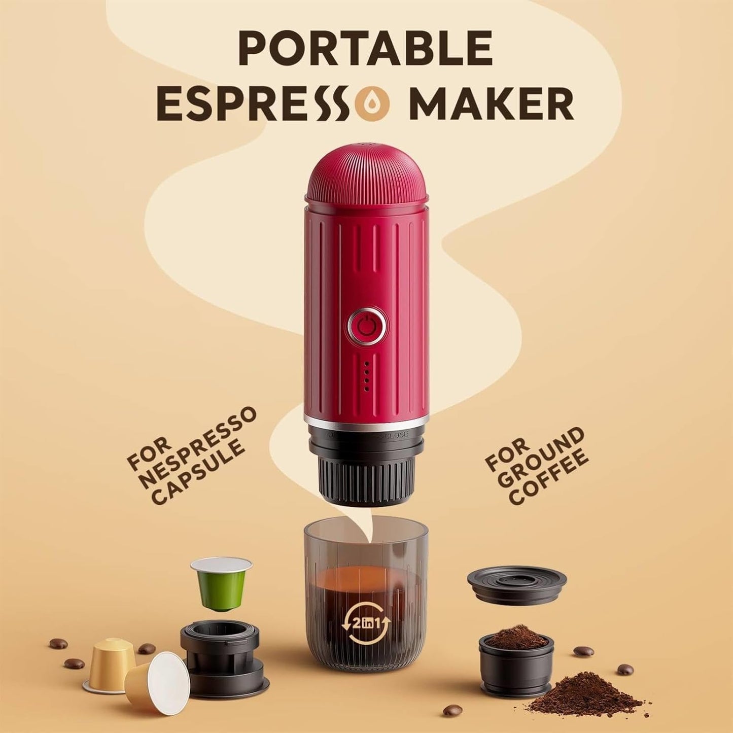 Portable Espresso Machine with 3-4 Min Self-heating, 12V Rechargeable Electric Coffee Machine 19 Bar Compatible with NS Capsules and Ground Coffee (Red)