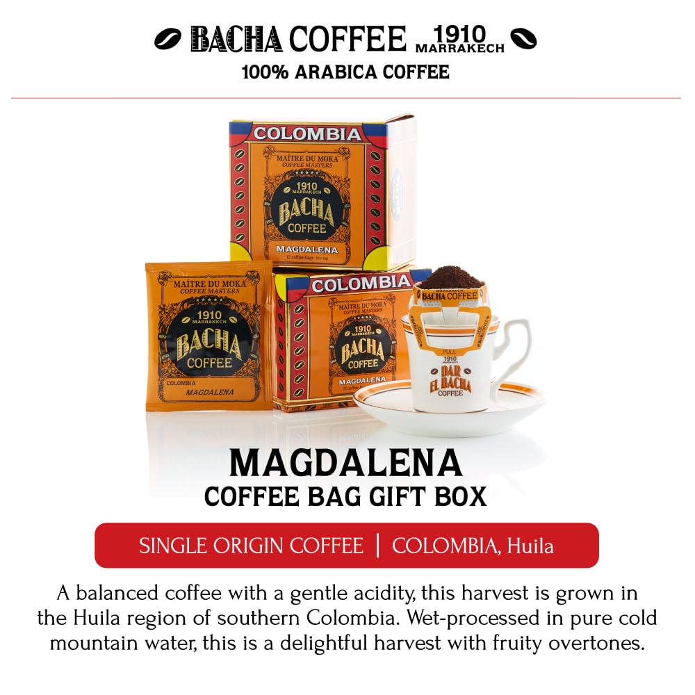 Bacha Coffee | Magdalena Colombia Single Origin, Medium Roast, 100% Arabica Specialty Coffee, 12 Coffee Drip Bags, Gift Box