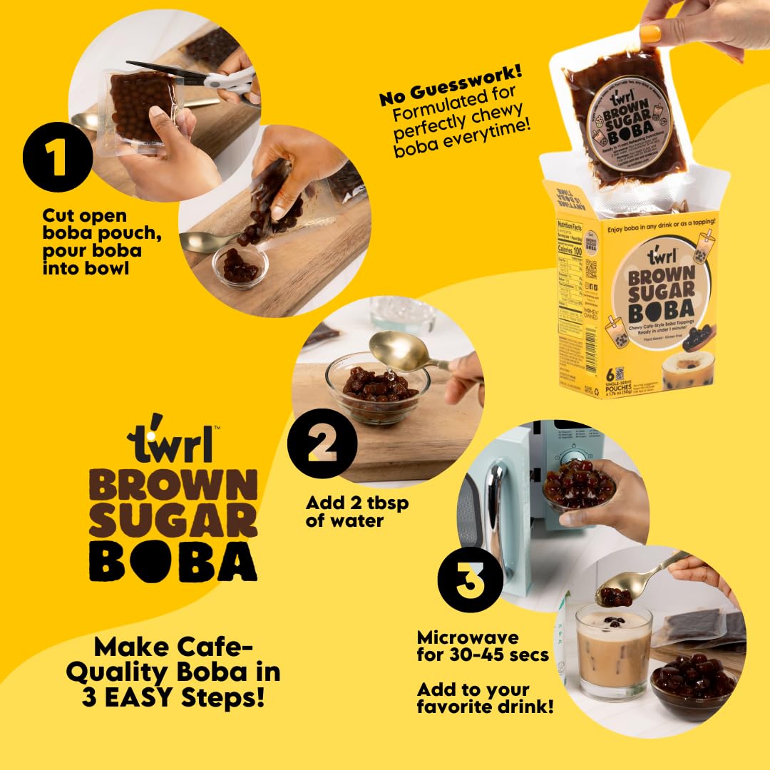Twrl Brown Sugar Boba Bubble Tea Toppings - Taiwanese Boba Pearls, Cafe-Style Tapioca Milk Tea Topping, Instant - Perfect for Milk Tea and Coffee, Gluten-Free, Plant-Based - Pack of 6 Single Servings