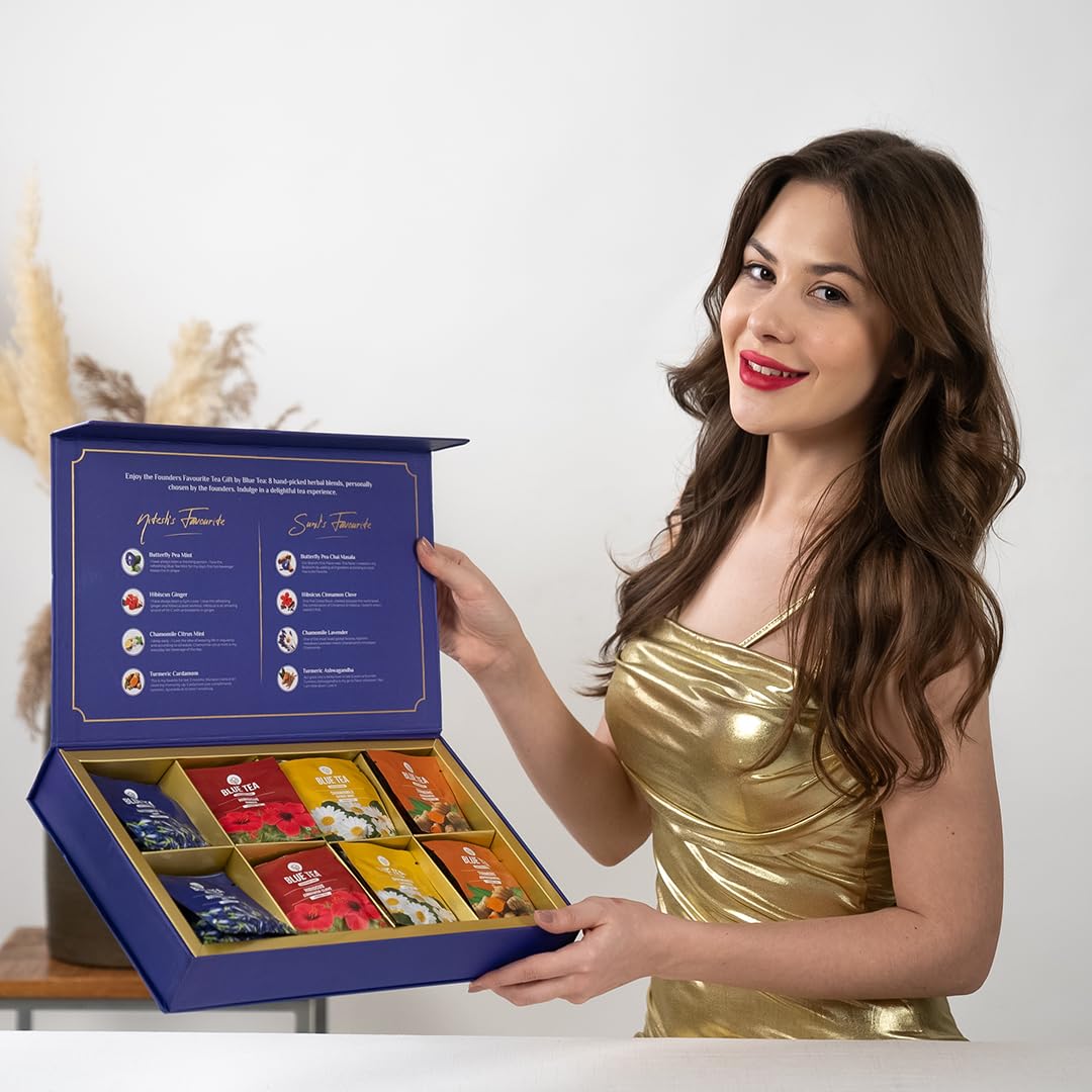 BLUE TEA - Founder’s Favourite Assorted Gift Set | 8 Varieties, 40 Count - Pyramid Plant Based Tea Bag | Caffeine Free - Herbal Tea Sampler | Tea Variety Pack | Gifts for Him and Her