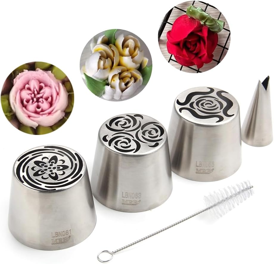 3 Pieces Stainless Steel XXL Russian Icing Nozzle Kit with 1 Leaf Tip & 1 Clean Brush,Cake Decorating Frosting Piping Tip,Pastry Baking Tools