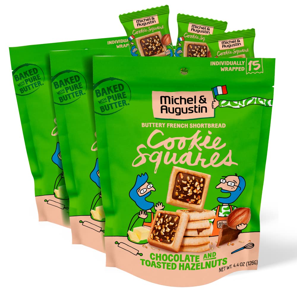 Michel et Augustin Cookies, Individually Wrapped Snacks, 3 Pack, Gourmet Milk Chocolate & Hazelnut Shortbread, 15 French Butter Cookies per bag