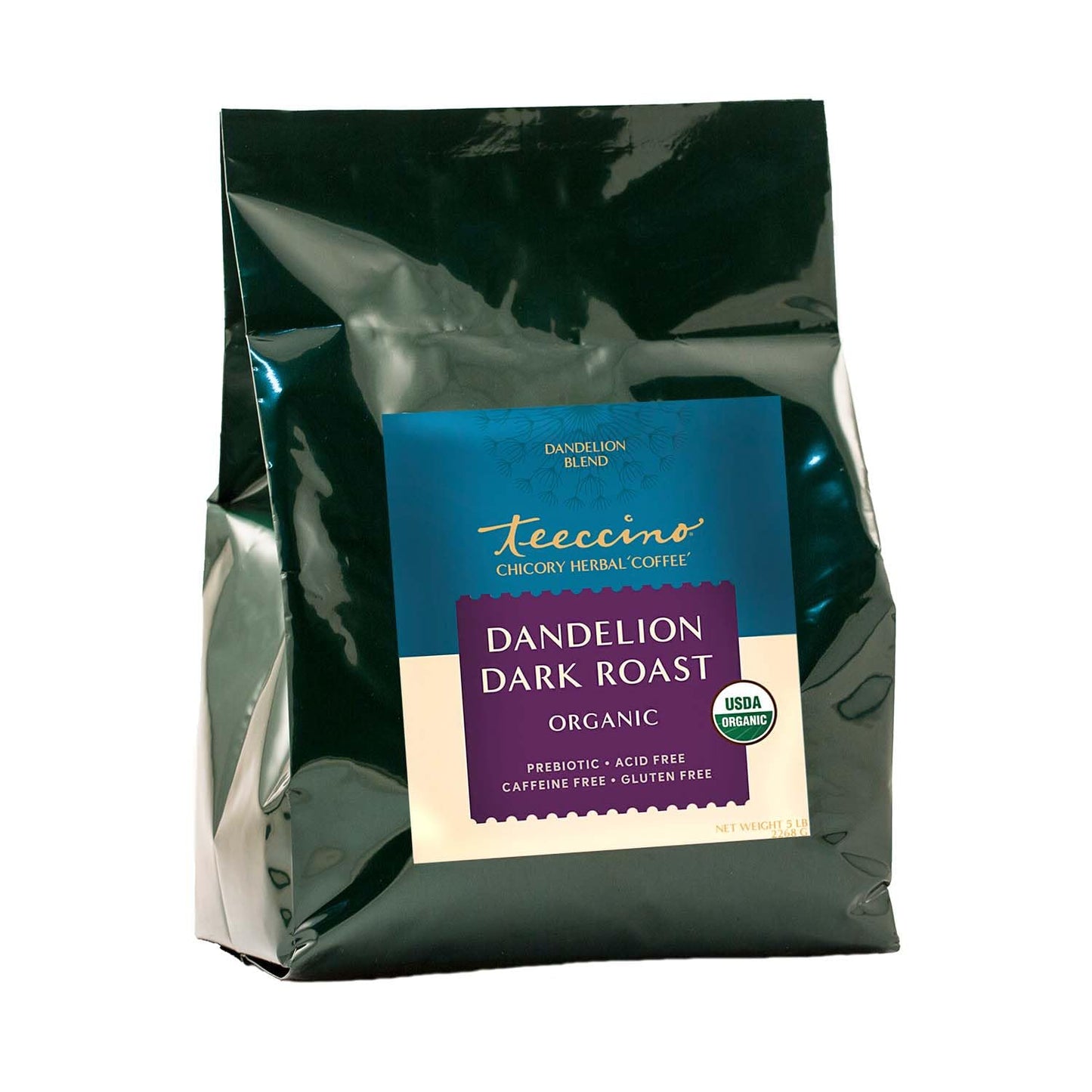 Teeccino Dandelion Dark Roast Herbal Coffee, 5 Lb Bag - Caffeine-Free Coffee Alternative with Prebiotics, Gluten Free, Acid Free, Organic - 5 lb