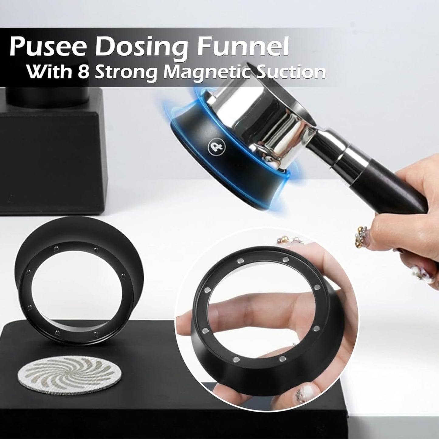 PUSEE 58mm Magnetic Dosing Funnel & Puck Screen Set 8 Magnetic Espresso Coffee Dosing Ring Reusable 1.7mm Puck Screen Stainless Steel Fits All 58mm Portafilters Espresso Tools Espresso Accessories