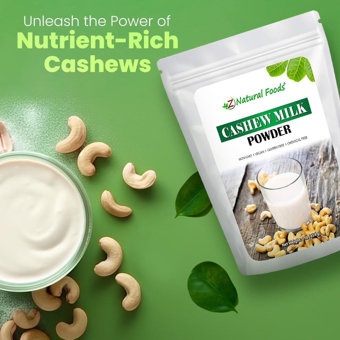 Z Natural Foods Cashew Milk Powder, Cashew Milk for Healthy Heart, Bones, and Skin, Ideal for Tea, Smoothies, and Recipes, High in Fiber, Non-GMO, Vegan, Gluten-Free, Kosher, 1 lb. (Pack of 2)