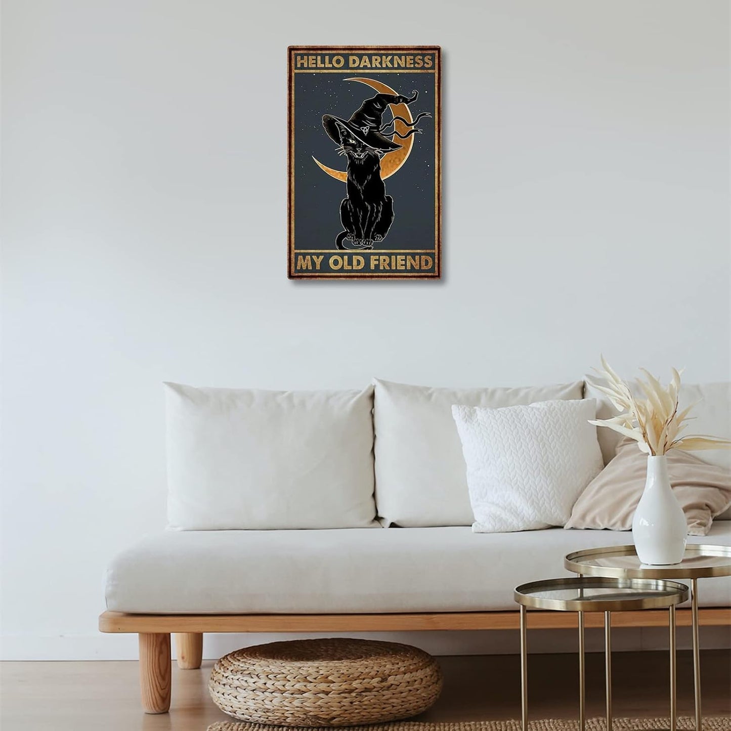 Black Cat Witch Halloween Hello Darkness My Old Friend Retro Tin Signs Vintage Wall Decoration Home Bar Kitchen Hotel Dining Room Coffee Metal Poster 8x12 Inch